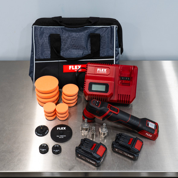Flex PXE 80 Cordless Mini Polisher Kit | Added 2" Backing Plate | 14 Pads  | The Clean Garage
