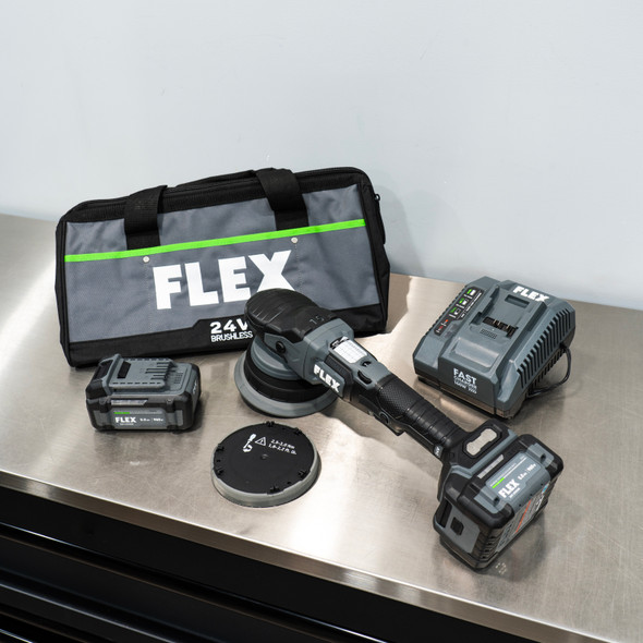 Flex 24V Cordless Random Orbital Polisher Kit 15mm | 2 Batteries Charger Bag 2 Backing Plates