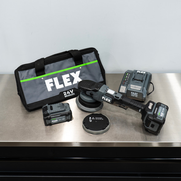 Flex 24V Cordless Random Orbital Polisher Kit 15mm | 2 Batteries Charger Bag 2 Backing Plates | The Clean Garage